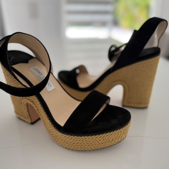 Jimmy Choo Brandon 100 Black Wedge Platform Sandals Wrap Around Ankle Strap - Picture 8 of 11